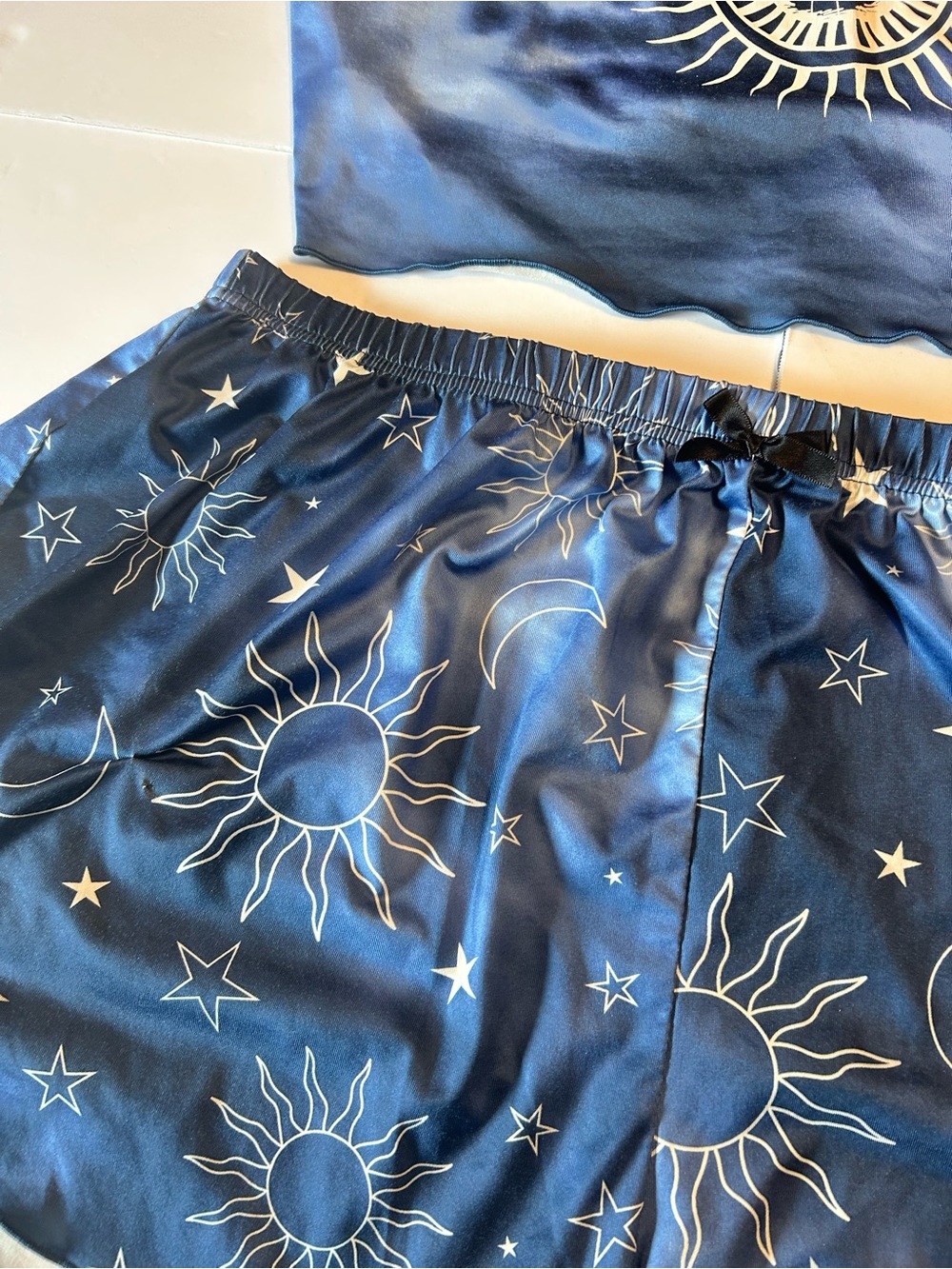 Satin Sun & Moon Navy Blue Cami and Shorts Sleep Set - Picture 2 of 10